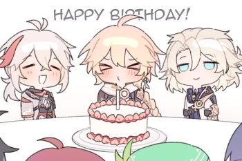 Rule 34 | > <, 6+boys, aether (genshin impact), ahoge, albedo (genshin impact), antenna hair, aqua hat, armor, bandaged hand, bandages, belt, beret, birthday, birthday cake, black belt, black gloves, black hair, black scarf, black shirt, blonde hair, blue eyes, blue hair, blush, braid, brown shirt, cake, candle, closed eyes, closed mouth, cloud print, collared shirt, commentary, crossed bangs, earrings, empty eyes, english commentary, english text, fingerless gloves, food, fruit, gem, genshin impact, gloves, hair between eyes, half-closed eyes, hands up, happy birthday, hat, hat ornament, highres, hood, hoodie, icing, japanese clothes, jewelry, kaedehara kazuha, kyou 0120, leaf hat ornament, long hair, low-braided long hair, low-tied long hair, low ponytail, male focus, multicolored hair, multiple boys, open clothes, open hoodie, open mouth, orange gemstone, own hands together, plate, ponytail, purple hair, purple shirt, red hair, scaramouche (genshin impact), scarf, shikanoin heizou, shirt, short hair, short ponytail, short sleeves, shoulder armor, sidelocks, simple background, single braid, single earring, smile, standing, strawberry, streaked hair, table, two-tone shirt, venti (genshin impact), vision (genshin impact), white background, white hair, white hoodie, white scarf, white shirt, xiao (genshin impact)