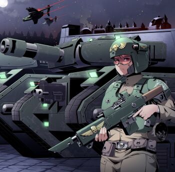 1girl aircraft airplane ammunition_pouch astra_militarum backpack bag bedroll belt bullet_hole bulletproof_vest collar fighter_jet fire frown helmet highres laser_sight lasgun leman_russ_(tank) looking_up military_uniform military_vehicle motor_vehicle night pouch red_eyes scar scar_on_face skull sky smoke solo supparat_ratangsu tank warhammer_40k