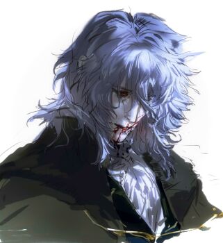 Rule 34 | 1boy, ascot, blood, blood from mouth, blood on face, brown coat, coat, commentary, expressionless, formal clothes, fur coat, gio dwinter, gold trim, highres, looking down, male focus, medium hair, messy hair, partially shaded face, red eyes, tsukihime, tsukihime (remake), vampire, vlov arkhangel, white background