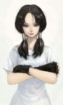 1girl black_hair blue_eyes crossed_arms dragon_ball dragonball_z female_focus fighter fingerless_gloves gloves long_hair ponsuke_(pon00000) realistic simple_background solo twintails videl white_background