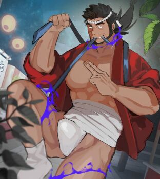 Rule 34 | 1boy, abs, alternate costume, bara, bare pectorals, beard, black hair, blue fire, bulge, chinstrap beard, commentary request, cowboy shot, dark-skinned male, dark skin, facial hair, facial scar, fire, forked eyebrows, fundoshi, hachimaki, happi, headband, highres, japanese clothes, kuji-in, large pectorals, looking at viewer, male focus, mature male, midriff sarashi, momodayuu4, mouth hold, muscular, muscular male, onsen, pectorals, sandayu (housamo), sarashi, scar, scar on cheek, scar on face, smirk, solo, thick eyebrows, thighs, tokyo houkago summoners, unfinished