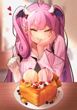 Rule 34 | 1girl, ahoge, cake, closed eyes, closed mouth, demon girl, demon horns, food, heart, heart ahoge, highres, horns, indie virtual youtuber, ironmouse, long hair, multicolored hair, pink hair, pink shirt, purple streaks, shirt, slewpie, smile, solo, streaked hair, two side up, very long hair, virtual youtuber