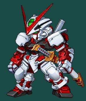 arms_at_sides chibi clenched_hands commentary_request full_body gerbera_straight green_background green_eyes gundam gundam_astray_red_frame gundam_seed gundam_seed_astray katana korean_commentary mecha mecha_focus mobile_suit no_humans robot science_fiction sd_gundam simple_background solo standing superphotrone sword v-fin weapon