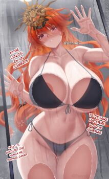 1girl against_glass areola_slip augusta_(wuthering_waves) bikini black_bikini blush breast_press breasts breasts_on_glass collarbone colored_inner_hair danndy feet_out_of_frame hair_between_eyes hand_on_glass headgear highres huge_breasts jewelry long_hair looking_at_viewer multicolored_hair navel orange_hair patreon_username red_eyes side-tie_bikini_bottom solo spanish_text stomach string_bikini swimsuit thighs very_long_hair wuthering_waves