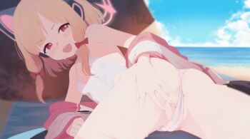 1girl alternate_costume animal_ear_headphones animal_ears ass beach blue_archive blurry blurry_background cat_ear_headphones cat_ears commentary fake_animal_ears from_behind half-spread_pussy halo headphones highres jacket kukuzero_neko looking_at_viewer looking_back low-tied_sidelocks lying momoi_(blue_archive) one-piece_swimsuit open_clothes open_jacket pink_halo pink_jacket pussy pussy_peek sidelocks solo spread_pussy sweat swimsuit symbol-only_commentary white_one-piece_swimsuit