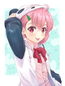 1girl :p ahoge animal_hood black_sleeves blush bow bowtie collared_shirt commentary_request crossed_bangs double-parted_bangs earrings green_background hair_between_eyes hand_up haniwa_(leaf_garden) highres hood hood_up jacket jewelry letterman_jacket long_sleeves mole mole_under_eye nijisanji open_clothes open_jacket panda_hood pink_eyes pink_hair pink_shirt raglan_sleeves red_bow red_bowtie removing_hood sasaki_saku sasaki_saku_(1st_costume) shirt short_hair single_hair_streak solo tongue tongue_out upper_body virtual_youtuber white_jacket white_streaks