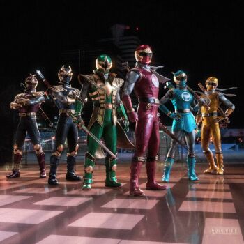 1girl 5boys blue_bodysuit blue_boots blue_helmet blue_sky blue_wind_ranger bodysuit boots building character_request check_copyright clothes_theft combat_helmet commentary copyright_request crimson_thunder_ranger crossed_arms english_commentary full_body gloves golden_arms green_bodysuit green_helmet green_samurai_ranger group_pose helmet holding holding_sword holding_weapon hurricane_blue hurricane_red hurricane_yellow kabuto_raiger katana multiple_boys navy_thunder_ranger night ninja ninpuu_sentai_hurricanger power_rangers power_rangers_ninja_storm red_bodysuit red_helmet red_wind_ranger scarf shurikenger_(ninpuu_sentai_hurricanger) sky super_sentai sword theft tokujay tokusatsu weapon white_scarf yellow_bodysuit yellow_helmet yellow_wind_ranger