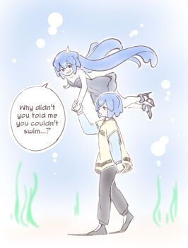 2girls alternate_hair_color bao_the_whale black_dress blue_hair commentary dress english_commentary english_text high_heels holding_hands indie_virtual_youtuber long_hair multiple_girls original short_dress strapless strapless_dress sweatdrop swimming tama_gotoh tentacle_hair underwater very_long_hair virtual_youtuber walking yoruny