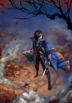 1boy bare_tree blood bloody_weapon blue_coat boots branch coat commentary_request date_masamune_(sengoku_basara) eyepatch falling_leaves from_above full_body highres kdash leaf male_focus sengoku_basara short_hair smile solo sword tree weapon