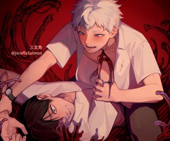 2boys artist_name black_hair blush body_horror collared_shirt commentary_request deep_wound hikaru_ga_shinda_natsu indou_hikaru injury joraffasalmon looking_at_another male_focus mole mole_on_cheek mole_under_eye multiple_boys multiple_moles open_clothes open_mouth open_shirt red_pupils shirt short_hair sweat teeth tsujinaka_yoshiki twitter_username watch white_hair white_shirt wristwatch