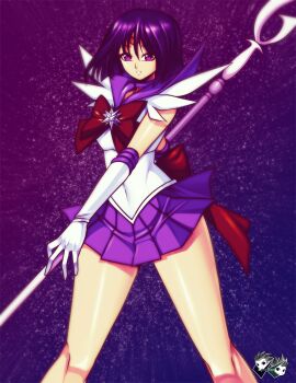 1girl bishoujo_senshi_sailor_moon black_hair jadenkaiba purple_eyes sailor_saturn short_hair solo staff tomoe_hotaru uniform weapon