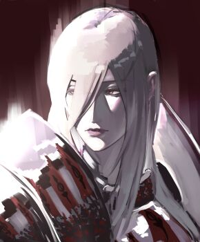 1girl absurdres armor bags_under_eyes black_eyes expressionless hair_between_eyes highres jiejiepen long_hair looking_to_the_side nephis_(shadow_slave) red_pupils shadow_slave shoulder_armor sidelighting solo upper_body white_hair