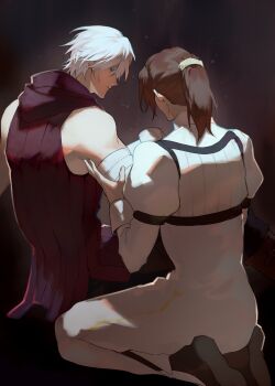 1boy 1girl absurdres bandaged_arm bandages bare_shoulders blue_eyes brown_background brown_hair closed_mouth couple devil_may_cry_(series) dress from_behind from_side high_ponytail highres hood hood_down hoodie kyrie_(devil_may_cry) light_particles long_hair long_sleeves looking_to_the_side muscular muscular_male nero_(devil_may_cry) ponytail puffy_long_sleeves puffy_sleeves red_hoodie shade shaded_face sitting sleeveless sleeveless_hoodie wariza white_hair xinjinjumin5298231