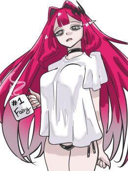 1girl absurdres baobhan_sith_(fate) black_panties breasts coffee_mug commentary cup english_commentary fate/grand_order fate_(series) grey_eyes highres holding holding_cup long_hair looking_at_viewer mug notlocalshut panties pink_hair pointy_ears shirt sidelocks solo underwear white_shirt