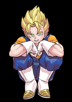 Rule 34 | 1boy, arms on knees, black background, blonde hair, blue dougi, blue eyes, blue pants, blue sash, blue shirt, boots, clenched hands, dougi, dragon ball, dragon ball super, earrings, feet together, full body, gloves, head rest, highres, jewelry, knees together feet apart, knees up, looking at viewer, male focus, medium hair, muscular, muscular male, obata2nd, pants, pectoral cleavage, pectorals, potara earrings, sash, shirt, simple background, sitting, smile, solo, spiked hair, super saiyan, teeth, undershirt, vegetto, white boots, white gloves