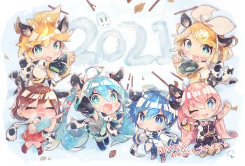 2021 2boys 4girls akeome animal_ears animal_print aqua_eyes aqua_hair aqua_necktie arm_warmers bare_shoulders black_collar black_legwear black_shirt black_shorts black_skirt black_sleeves blonde_hair blue_eyes blue_hair blush boots bottle bow brown_hair chibi chinese_zodiac closed_eyes coat collar commentary cow_ears cow_horns cow_print detached_sleeves grey_shirt hair_bow hair_ornament hairclip happy happy_new_year hatsune_miku highres holding holding_bottle holding_string horns kagamine_len kagamine_rin kaito_(vocaloid) kinoko_neppu knees_together_feet_apart leaf long_hair looking_at_viewer megurine_luka meiko_(vocaloid) miniskirt multiple_boys multiple_girls neckerchief necktie new_year one_eye_closed open_mouth outstretched_arms pink_hair pleated_skirt ponytail red_skirt sailor_collar sake_bottle scarf shirt short_hair short_ponytail shorts signature skirt sleeveless sleeveless_shirt smile snow snow_rabbit snow_writing spiked_hair stick string string_of_flags swept_bangs thighhighs twig twintails v very_long_hair vocaloid white_bow white_coat white_scarf white_shirt year_of_the_ox yellow_neckerchief zettai_ryouiki