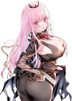 1girl ass black_dress blush breasts cleavage dress highres hololive hololive_english kamiya_maneki large_breasts long_hair looking_at_viewer mori_calliope mori_calliope_(1st_costume) pink_eyes pink_hair simple_background solo spikes tiara tongue tongue_out veil virtual_youtuber white_background