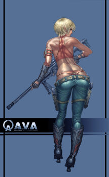 1girl 96_(marshviolet8) absurdres alliance_of_valiant_arms armband armor ass ass_cutout belt bipod black_boots black_gloves blonde_hair blue_background boots brown_eyes butt_crack character_request clothing_cutout commentary copyright_name cowboy_boots denim english_commentary fingerless_gloves fingernails from_behind gloves gold_belt gun handgun heart heart_cutout high_heel_boots high_heels highres holding holding_gun holding_weapon holster jeans looking_back lowleg lowleg_pants muzzle_device pants pointy_ears rifle short_hair sniper_rifle solo tan thigh_holster thong weapon whale_tail_(clothing) zipper_pull_tab