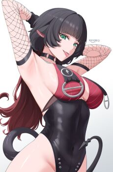 1girl animal_ears artist_name black_gloves black_hair black_one-piece_swimsuit breasts commentary covered_navel fishnet_sleeves fishnets gloves green_eyes highres jane_doe_(nocturne_of_light)_(zenless_zone_zero) jane_doe_(zenless_zone_zero) large_breasts long_hair looking_at_viewer massoukei mouse_ears mouse_girl mouse_tail multicolored_hair official_alternate_costume one-piece_swimsuit red_hair simple_background solo swimsuit tail tongue tongue_out two-tone_hair very_long_hair zenless_zone_zero