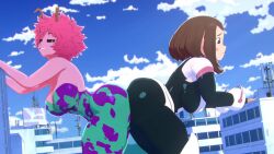 1boy 2girls 3d animated ashido_mina ass ass-to-ass ass_press between_buttocks black_sclera bodysuit boku_no_hero_academia bouncing_breasts breasts brown_hair butt_crush city cleavage colored_sclera colored_skin curvy embarrassed femdom giant giantess girl_sandwich highres hip_attack huge_ass jiggle large_breasts multiple_girls pink_hair pink_skin plump sandwiched scrag_boy short_hair smile smug sound tagme teamwork thick_thighs thighs uraraka_ochako video