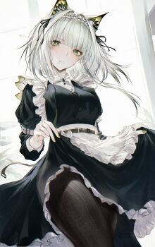 1girl absurdres animal_ears apron arknights arm_belt belt black_pantyhose black_ribbon bow bowtie breasts cat_ears cat_girl closed_mouth clothes_lift commentary cowboy_shot frilled_apron frilled_skirt frills green_eyes green_hair green_nails hair_ribbon highres kal&#039;tsit_(arknights) kal&#039;tsit_(the_remains_of_time)_(arknights) lifting_own_clothes long_sleeves looking_at_viewer maid maid_apron maid_headdress medium_breasts medium_hair official_alternate_costume pantyhose pout renoahh ribbon skirt skirt_lift solo white_belt white_bow white_bowtie