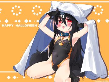 1girl :p animal_ears animal_hands armpits arms_up black_gloves black_hair black_one-piece_swimsuit black_socks blush breasts collar covered_erect_nipples covered_navel dog_ears dog_girl dog_tail ghost_costume gloves groin halloween halloween_costume happy_halloween highleg highleg_one-piece_swimsuit highres kannagi_cocoa long_hair one-piece_swimsuit original paw_gloves red_eyes ribbon sheet_ghost sitting small_breasts smile socks solo swimsuit swimsuit_under_clothes tail thighs toba_hiyoko tongue tongue_out white_ribbon