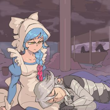 1boy 1girl apron bags_under_eyes blue_hair braid braided_ponytail brother_and_sister closed_eyes davewaterfalls dragon_boy dragon_girl fire_emblem fire_emblem_fates hay horse lap_pillow lilith_(fire_emblem) maid maid_apron maid_headdress male_corrin_(fire_emblem) multicolored_hair nintendo red_hair siblings sleeping sleeping_on_person stable two-tone_hair white_hair yellow_eyes