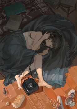 1girl barefoot bird black_eyes black_hair book bread chair character_request copyright_request food highres indoors kasumi_yuzuha lying medium_hair open_mouth phone rug shirt solo tennis white_shirt