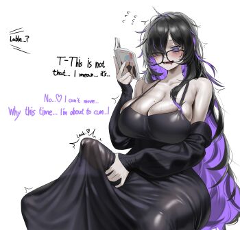 1girl absurdres armpit_crease bags_under_eyes bare_shoulders black-framed_eyewear black_cardigan black_dress black_hair blush book breasts cardigan caught cleavage collarbone colored_inner_hair commentary commentary_request covered_penis dress drooling english_commentary english_text feet_out_of_frame flying_sweatdrops futanari futanari_masturbation glasses goddess_of_victory:_nikke hair_over_one_eye hand_up heart highres holding holding_book huge_penis invisible_chair korean_commentary label_(nikke) large_breasts long_dress long_hair long_sleeves looking_at_viewer looking_over_eyewear masturbation masturbation_through_clothes messy_hair mixed-language_commentary mole mole_on_breast motion_lines mouth_drool multicolored_hair norunollu off_shoulder open_book open_cardigan open_clothes paid_reward_available pale_skin penis pornography precum precum_through_clothes purple_eyes purple_hair saliva simple_background single_sidelock sitting skindentation sleeves_past_wrists solo spaghetti_strap spread_legs strap_gap sweat twitching two-tone_hair very_long_hair wavy_mouth white_background