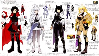 4girls ahoge alternate_costume animal_ears ankle_boots belt belt_buckle black_hair blake_belladonna blonde_hair blue_eyes boots braid braided_ponytail breasts buckle cat_ears cat_girl commentary english_commentary english_text fingerless_gloves full_body gloves grey_eyes high_heel_boots high_heels highres hiru315 knee_boots long_hair medium_breasts miniskirt multiple_girls multiple_views pantyhose purple_eyes ruby_rose rwby scar scar_across_eye scar_on_face short_hair side_ponytail skirt smile smirk wedge_heels weiss_schnee white_background white_hair yang_xiao_long yellow_eyes