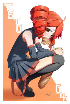 1girl absurdres ahoge baguette bare_shoulders belt black_boots black_skirt black_sleeves black_thighhighs boots bread brown_eyes character_name commentary detached_sleeves drill_hair food from_side hair_between_eyes highres holding holding_food kasane_teto kasane_teto_(utau) keibi_inu looking_at_viewer mouth_hold orange_background over-kneehighs pleated_skirt red_belt red_hair shirt skirt sleeveless sleeveless_shirt solo squatting thigh_strap thighhighs twin_drills utau white_background