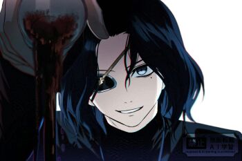 Rule 34 | 1boy, black eyes, black hair, black jacket, coffee, commentary request, cup, disposable cup, easel (dam0628), eyepatch, fate/strange fake, fate (series), hansa cervantes, holding, holding cup, jacket, jewelry, korean commentary, long hair, long sleeves, male focus, mole, mole under eye, necklace, open mouth, parted bangs, pouring, priest, simple background, smile, solo, teeth, white background