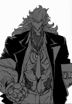 1boy alternate_costume artificial_eye banyue_(zenless_zone_zero) black_jacket claws clothed_robot commentary greyscale hana_bingo highres humanoid_robot jacket long_hair male_focus mechanical_eye mechanical_hands metal_skin monochrome necktie open_clothes orb robot robot_boy simple_background sketch solo symbol-only_commentary upper_body white_background zenless_zone_zero