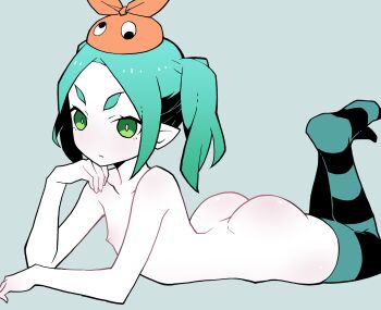 1girl absurdres akableak aqua_hair aqua_thighhighs arm_support ass black_thighhighs bright_pupils closed_mouth collarbone commentary english_commentary expressionless flat_chest full_body green_background green_eyes hand_on_own_face hat highres loli long_hair looking_ahead lying monogatari_(series) nude on_stomach ononoki_yotsugi orange_hat parted_bangs pointy_ears puffy_nipples short_eyebrows sidelocks simple_background solo straight_hair striped_clothes striped_thighhighs thick_eyebrows thighhighs twintails two-tone_thighhighs white_pupils