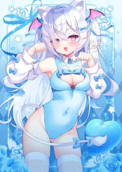 1girl animal_ear_fluff animal_ears black_leotard blue_bow blue_bowtie blush bow bowtie breasts cameltoe cleavage commentary_request covered_navel demon_wings detached_sleeves hair_between_eyes hands_up head_wings heart highres leotard long_hair long_sleeves looking_at_viewer medium_breasts nanohana_kohina open_mouth original paw_pose purple_eyes signature solo tail tail_bow tail_ornament thighhighs very_long_hair white_hair white_sleeves white_thighhighs wings