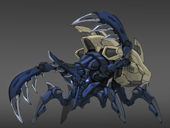 absurdres armor blue_eyes claws commentary crab english_commentary glowing glowing_eyes grey_background hermit_crab highres horns looking_ahead mecha mecha_focus mechanization monster_hunter_(series) pure_boy robot science_fiction shell shogun_ceanataur single_horn weapon