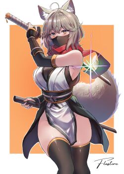 1girl animal_ear_fluff animal_ears black_mask black_skirt black_thighhighs commentary elbow_gloves extra_ears fingerless_gloves fox_ears fox_tail gloves gold_trim highres holding holding_sword holding_weapon mask mesh mouth_mask ninja ninja_mask obi obijime original pelvic_curtain sash sawaya_(mizukazu) sheath showgirl_skirt signature skirt solo sparkle sword tail tassel thighhighs weapon yellow_eyes