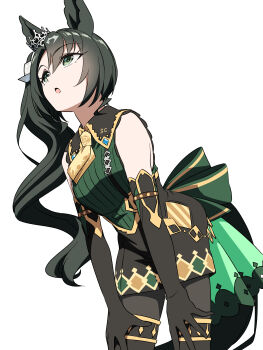 1girl absurdres animal_ears ascot baasaku_(balasaku24) black_gloves black_hair black_leggings black_pantyhose black_suspenders breasts crown crown_ornament ear_ornament ear_through_crown ears_through_headwear elbow_gloves gloves green_eyes green_sweater hair_between_eyes hands_on_own_knees highres horse_ears horse_girl horse_tail leggings long_hair multicolored_hair necktie open_mouth pantyhose satono_crown_(emerald_journey)_(umamusume) satono_crown_(umamusume) side_ponytail simple_background sleeveless sleeveless_sweater solo streaked_hair sweater tail umamusume white_background white_hair yellow_ascot yellow_necktie
