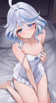 1girl absurdres blue_eyes blue_hair blush breasts camisole closed_mouth collarbone commentary_request cowlick drop-shaped_pupils eyelash_ornament furina_(genshin_impact) genshin_impact grey_hair hand_between_thighs heterochromia highres lingerie looking_at_viewer lunacle on_bed short_hair sitting small_breasts solo symbol-shaped_pupils underwear wariza wavy_hair white_camisole