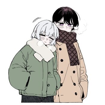 2girls bang_dream! bang_dream!_it&#039;s_mygo!!!!! blush brown_coat brown_hair brown_scarf coat commentary_request green_jacket hands_in_pockets highres jacket kaname_raana korean_commentary long_hair multiple_girls neonfloyd purple_eyes scarf shiina_taki simple_background white_background white_hair white_scarf winter_clothes