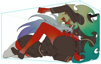 2girls blue_hair breasts colored_skin demon_girl demon_horns green_hair guru.zong hashtag-only_commentary highres horns kneesocks_(psg) large_breasts long_hair medium_breasts multiple_girls panty_&amp;_stocking_with_garterbelt red_skin scanty_(psg) school_uniform yuri