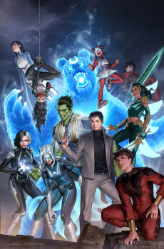 4boys 6+girls aero_(marvel) amadeus_cho_(marvel) animal_ears aqua_hair bear black_bodysuit black_eyes black_hair black_shirt blue_bodysuit blue_eyes blue_jacket bodysuit brawn_(marvel) brown_eyes child cindy_moon colored_skin comic_cover commentary covered_navel crescent_(marvel) cryokinesis dark-skinned_female dark_skin english_commentary everyone fake_animal_ears fox_ears glowing glowing_eyes green_skin grey_jacket grey_pants gun handgun heterochromia highres holding holding_gun holding_sword holding_weapon io_(marvel) jacket jimmy_woo lin_lie_(marvel) long_hair luna_snow marvel midriff multicolored_hair multiple_boys multiple_girls muscular muscular_male navel official_art pants red_bodysuit shang-chi shirt short_hair signature silk_(marvel) spider_web_print split-color_hair squatting superhero_costume sword sword_master_(marvel) toned toned_female upside-down wave_(marvel) weapon white_bodysuit white_fox_(marvel) white_hair yoon_junggeun