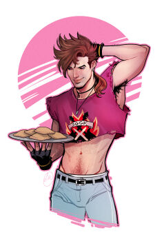 1boy absurdres arm_behind_back armpit_hair armpits beignets body_hair cowboy_shot denim fingerless_gloves gambit gloves hairy highres jeans long_hair lukas_werneck male_focus marvel midriff muscular muscular_male pants pectorals portuguese_commentary red_hair simple_background solo tray x-men x-men:_the_animated_series x-men_'97