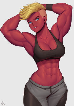 1girl abs absurdres aqua_eyes armpits arms_behind_head arms_up black_hair black_sports_bra breasts cleavage colored_skin commentary commission cowboy_shot english_commentary eyelashes grey_background grey_pants highres lips muscular muscular_female navel original pants red_skin short_hair simple_background smile solo speedl00ver sports_bra undercut very_short_hair yellow_pupils