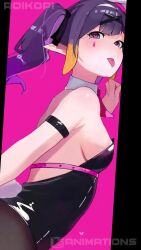 1girl against_wall alternate_breast_size_(larger) alternate_costume alternate_hairstyle animal_ears animated arm_held_back artist_name audible_music black_border black_leotard black_pantyhose black_ribbon blush border bouncing_breasts breasts collar cosplay detached_collar eyebrows eyelashes facial_mark fake_animal_ears fake_tail female_focus from_side hair_ribbon heart heart-shaped_pupils highres hololive hololive_english implied_sex ku_roiko leotard live2d looking_at_viewer looking_back looking_to_the_side losloslos_lx3 matching_hair/eyes medium_hair mole mole_under_eye multicolored_hair necktie ninomae_ina&#039;nis nipple_slip nipples open_mouth orange_hair pantyhose petite pink_background pink_necktie playboy_bunny pointy_ears purple_eyes purple_hair rabbit_ears rabbit_hole_(vocaloid) rabbit_tail ribbon short_necktie simple_background small_breasts solo sound strapless strapless_leotard symbol-shaped_pupils tagme tail tongue tongue_out torogao twintails two-tone_hair upper_body video virtual_youtuber vocaloid watermark white_collar