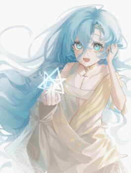 Rule 34 | 1girl, 37 (reverse:1999), :d, absurdres, ancient greek clothes, bare shoulders, blue eyes, blue hair, floating hair, gold choker, greco-roman clothes, hair between eyes, hands up, hashtag-only commentary, highres, holding, holding own hair, kim chel-si, long hair, looking at viewer, open mouth, reverse:1999, simple background, smile, solo, toga, triangle, upper body, very long hair, white background