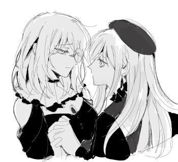 Rule 34 | 2girls, bang dream!, bang dream! it's mygo!!!!!, beret, closed mouth, clothing cutout, doloris (bang dream!), earrings, eye contact, greyscale, hat, highres, holding hands, interlocked fingers, jewelry, long hair, long sleeves, looking at another, maybecrosswise, medium hair, misumi uika, monochrome, mortis (bang dream!), mortis (costume) (bang dream!), multiple girls, shoulder cutout, sidelocks, upper body, wakaba mutsumi, yuri