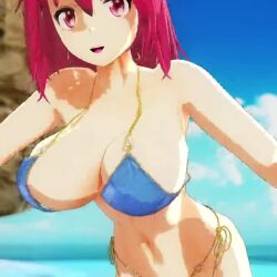 1girl 3d animated armpits arms_behind_head bikini bouncing_breasts breasts cleavage hanging_breasts large_breasts leaning_forward looking_at_viewer mofumoko5 navel onozuka_komachi pink_hair red_eyes smile solo swimsuit thighs touhou twintails video