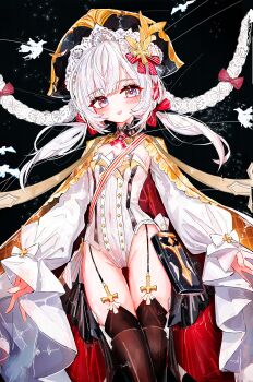 1girl a1u absurdres azur_lane black_thighhighs breasts commentary flandre_(azur_lane) grey_eyes groin hat highres leotard long_hair long_sleeves looking_at_viewer low_twintails md5_mismatch open_mouth revision small_breasts solo thighhighs twintails white_hair white_leotard