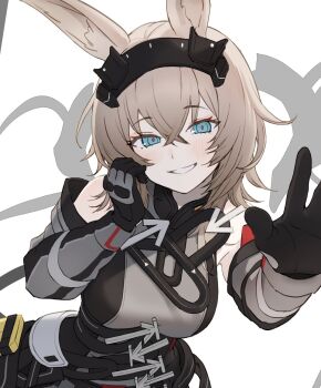 1girl :d animal_ears arknights arknights:_endfield arrow_(symbol) avywenna_(arknights) bare_shoulders beruko14 black_gloves black_sleeves blue_eyes blush breasts brown_hair commentary_request crossed_bangs detached_sleeves gloves grey_sleeves grin hair_between_eyes hand_in_own_hair korean_commentary long_sleeves looking_at_viewer medium_breasts medium_hair open_mouth red_pupils simple_background smile solo white_background